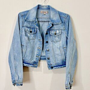 DECREE Juniors L Cropped Denim Jacket Y2K Style Light Wash Factory Distressed